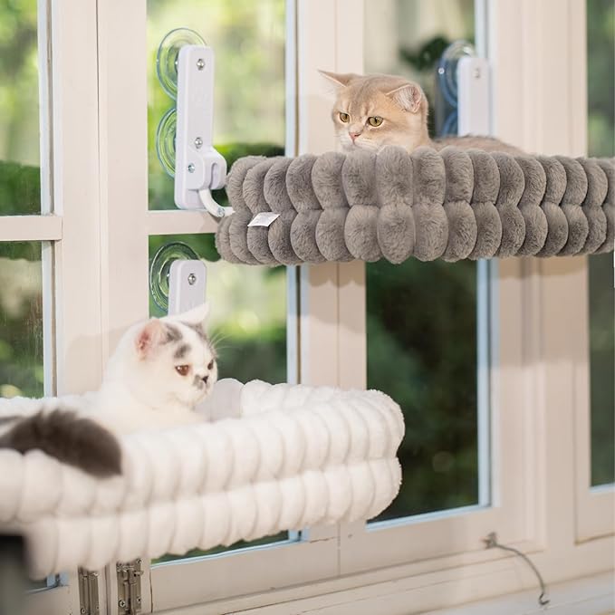 CHEERPALS Cat Window Perch for Indoor Cats Hammock for Window with Reversible Cushion, Foldable Cat Window Bed for Large Cats and Kittens(White,Medium)