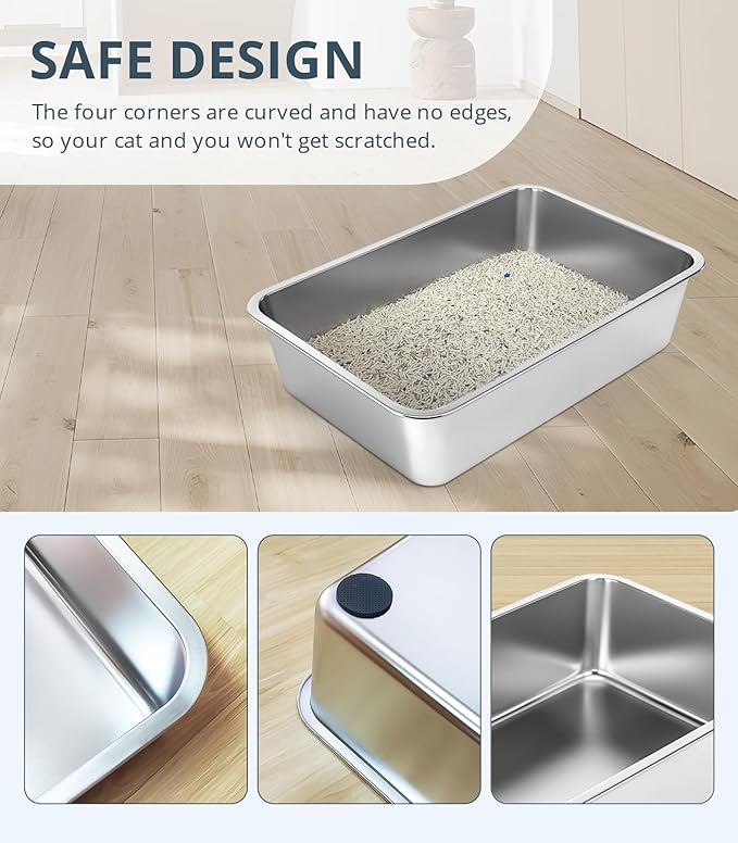 Stainless Steel Cat Litter Box, 6in Cat Litter Pan for Cats and Rabbits, Metal Litter Box High Sides Nonstick Odor Control Anti-Corrosion