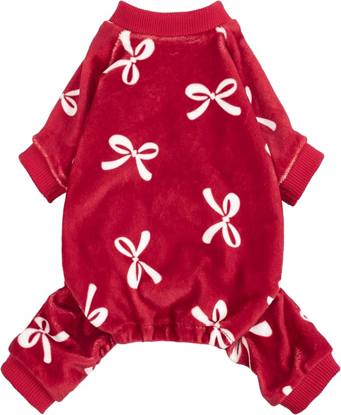 Fitwarm Bowknot Dog Pajamas, Warm Clothes for Small Dogs Girl, Fleece Pet Onesie with Feet, Burgundy Red, White, Large