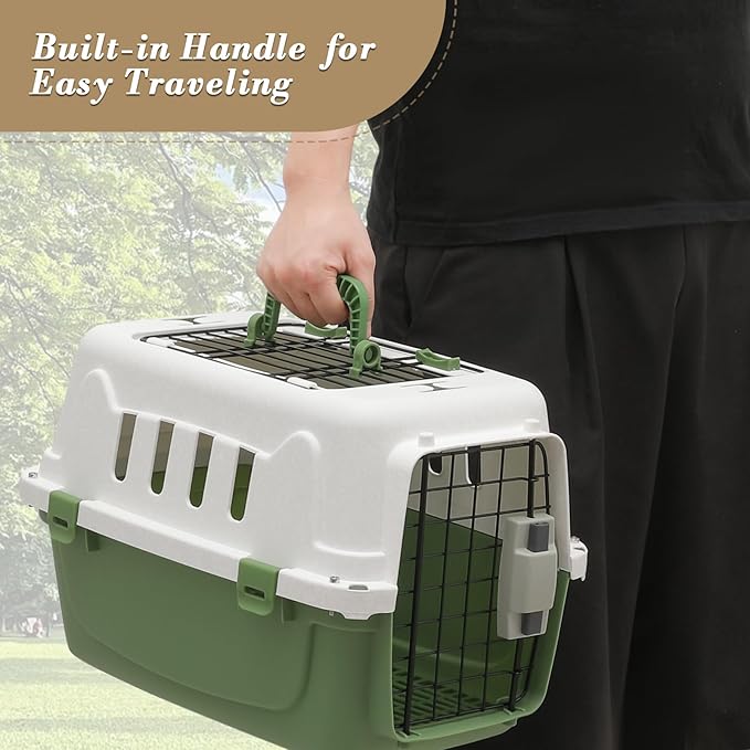 Athena Collection 22" Hard-Sided Travel Pet Carrier for Small Dogs and Cats, Plastic Dog Crate with 2-Door Top & Front Load, Ventilation, Security Lock, Cat Dog Carrier for Pet, up to 22lbs, Green