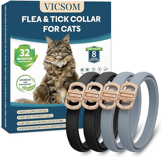 Flea and Tick Collar for Cats - 4 Pack, 32 Month Protection Treatment, Waterproof, Natural Prevention, Adjustable for Cats & Kittens (Black Grey)