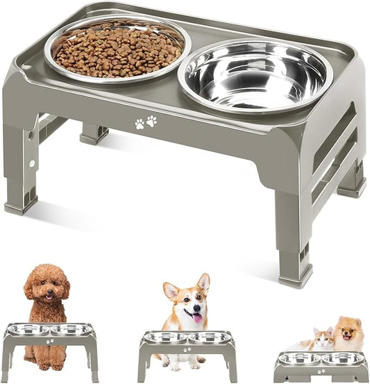 Elevated Bowls for Small Dogs - 3 Height Adjustable Raised Stand With 25oz Stainless Steel Food Bowls, Anti-Slip Feeder Adjusts to 7.5", 6", 2.75", Light Brownish Gray