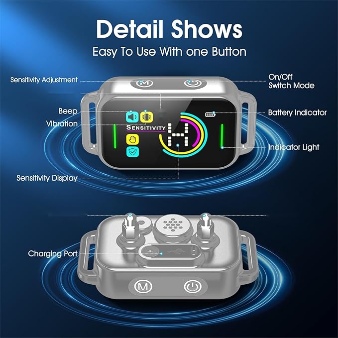 DINJOO Bark Collar, Dog Collar for Large Medium Small Dogs,Smart Barking Collar,Rechargeable Anti Barking Training Collar with 8 Adjustable Sensitivity,Bark Collar with Beep (Grey)