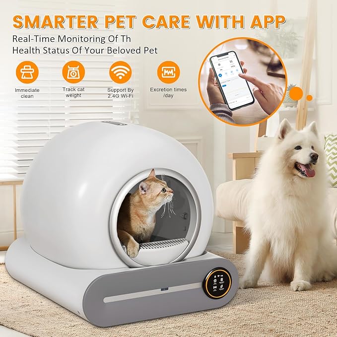 Self Cleaning Cat Litter Box, 65L+ 9 L Extra Large Robot Automatic Litter Box for Multiple Cats, APP Control, Deodorization & Negative ion Sterilization with cat litters Boxes Bags,[White]