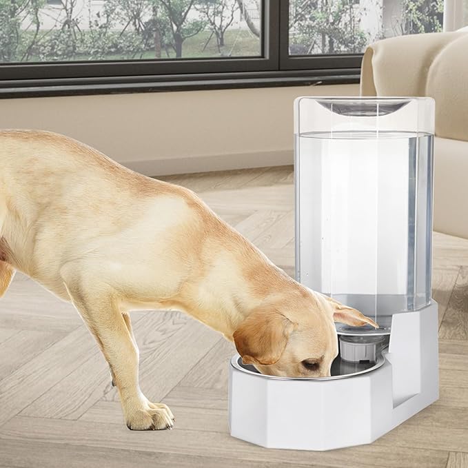 Sfozstra Dog Water Bowl Dispenser: 7L Large White Gravity Stainless Steel Bowl - Without Filter - Pet Feeder for Pets Indoor/Outdoor Use by Owners