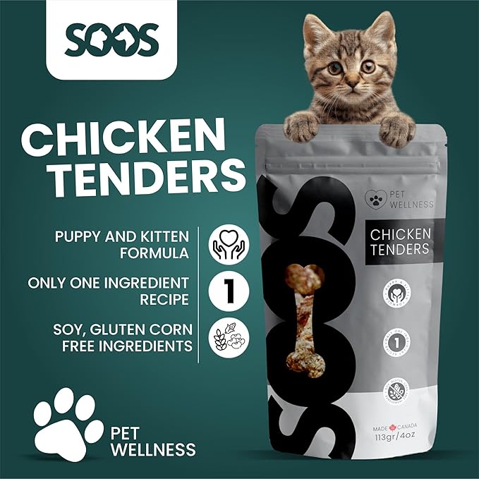 SOOS Natural Chicken Tenders Treats for Dogs & Cats - High Protein, Grain Free, Vitamin Minerals, Healthy Training Treats - 113g