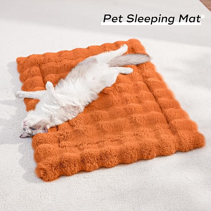 Cat Beds for Indoor Cats Faux Fur Pet Pad Mat Plush Kitten Bed with Non-Slip Bottom for Carriers/Couch Dog & Puppy Friendly 23 x 15 Inch Medium Orange