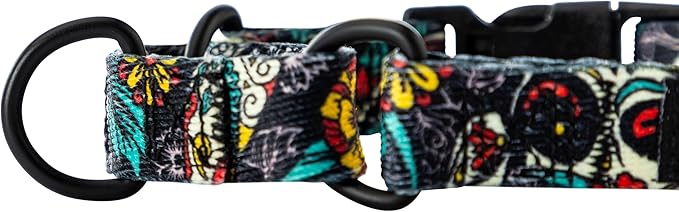 Wolfgang Heavy Duty Martingale Dog Collar with Quick Release Nylon Buckle for Walking & Training, LosMuertos Print, Medium