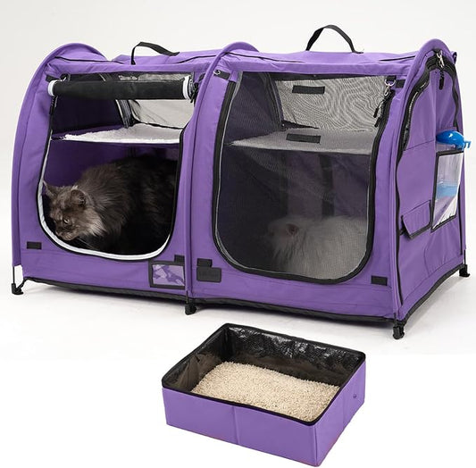 Mispace Portable Twin Compartment Show House Cat Cage/Condo - Easy to Fold & Carry Kennel - Comfy Puppy Home & Dog Travel Crate with Portable Carry Bag/Two Hammocks/Mats and Collapsible Litter Box