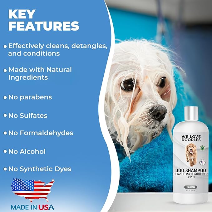 Dog Shampoo, Conditioner & Detangler - Best Shampoo for Goldendoodles, Poodles & Doodles - for Matted Pet Hair - Sensitive Skin Shampoo for Puppies - Made in The USA, 16OZ (Unscented)