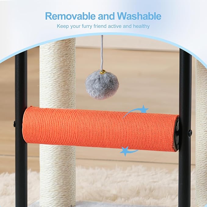 Hey-brother Cat Tree, Cat Scratching Posts with Bed, Sturdy Tower with Fully Sisal-Wrapped Columns and Plush Toy Ball for Indoor Kittens, 18.9 inches, Light Gray MPJ010SW