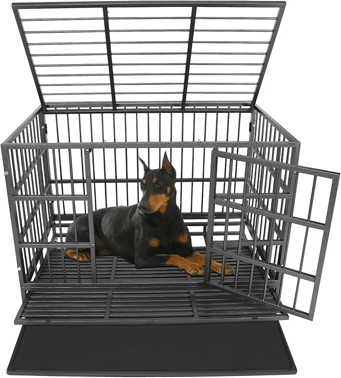 Confote 47 Inch Heavy Duty Dog Crate,High Anxiety Escape-Proof Steel Dog Crate Indestructible Dog Kennel for Medium to Large Dogs, with Lockable Wheels abd Removable Tray