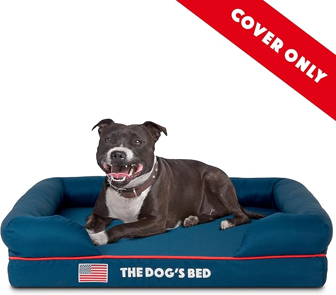 Replacement Outer Cover for The Dog's Bed Orthopedic Memory Foam Dog Bed. Washable Oxford Fabric, Medium (Blue with Red Piping USA Embroidery Flag)