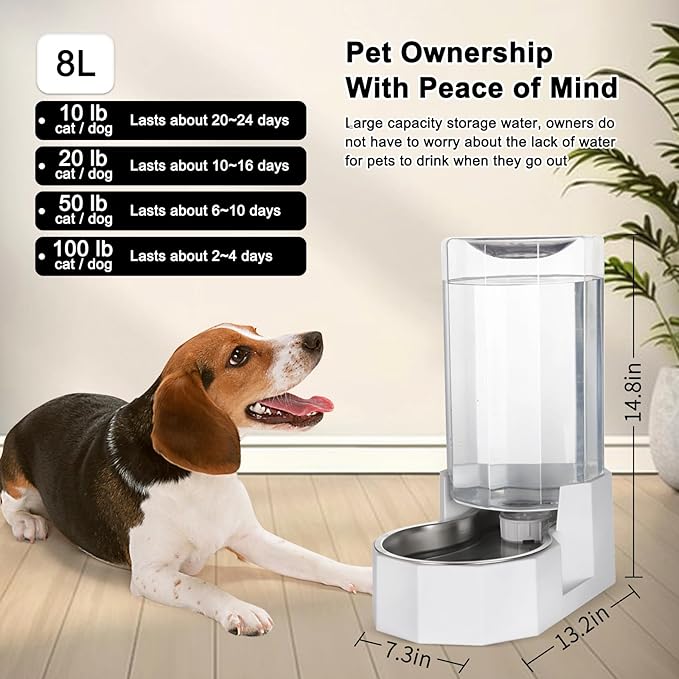 Sfozstra Automatic Pet Water Dispenser: 8L White Gravity Stainless Steel Water Bowl- Without Filter- Angular Water Feeder for for 30-60 LB Senior Pet Dogs with Neck Pain Relief in Living Room Bedroom
