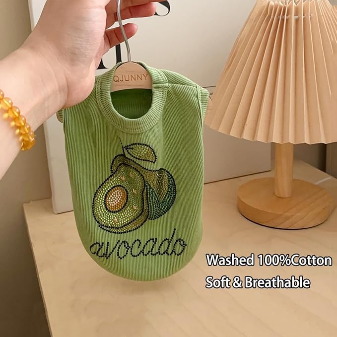 Washed Cotton Pet Vest with Rhinestone Fruit Designs, Soft & Stylish Small Dog Cat Vest for Spring Summer, Breathable & Shiny (Green-Avocado, Small)