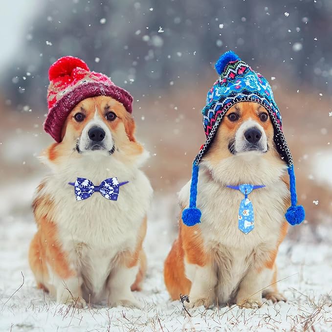 Eccliy 50 Pcs Winter Dog Collar with Bow Christmas Dog Ties Adjustable Cat Bow Ties Neckties Set Snowman Snowflake Bowties Pet Collar for Decoration Supplies