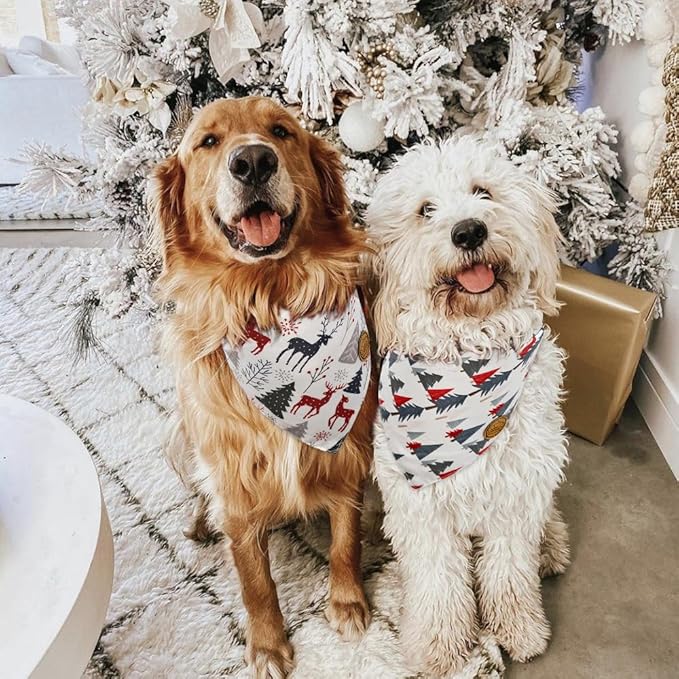CROWNED BEAUTY Christmas Dog Bandanas Reversible Large 2 Pack, Forest Reindeer Set, Adjustable Triangle Scarves for Medium Large Extra Large Dogs Girl Boy Pets DB85-L