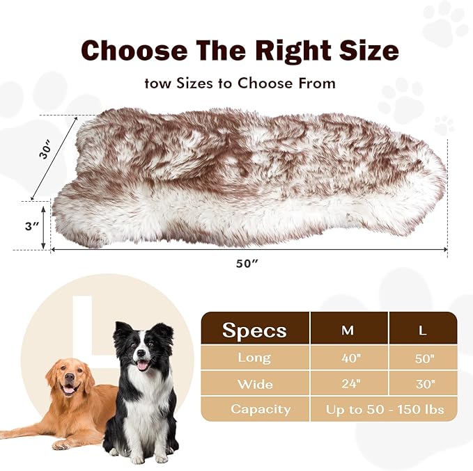 50"×30"×3" Luxury Fluffy Faux Fur Dog Bed, Ultra Soft Plush Pet Rug, Washable Cozy Pad with Non-Slip Bottom, Supportive & Warm Sleeping Mat for Medium & Large Dogs, Joint-Friendly Pet Bed