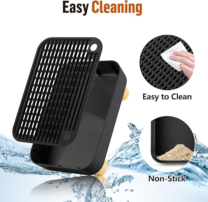 Cat Litter Box Step Ramp, Cat Litter Catcher Mat with Wooden Feet, Filter Function, Pedal Stool for Self-Cleaning Litter Box, Ideal for Kitten & Elderly Cats (Black)