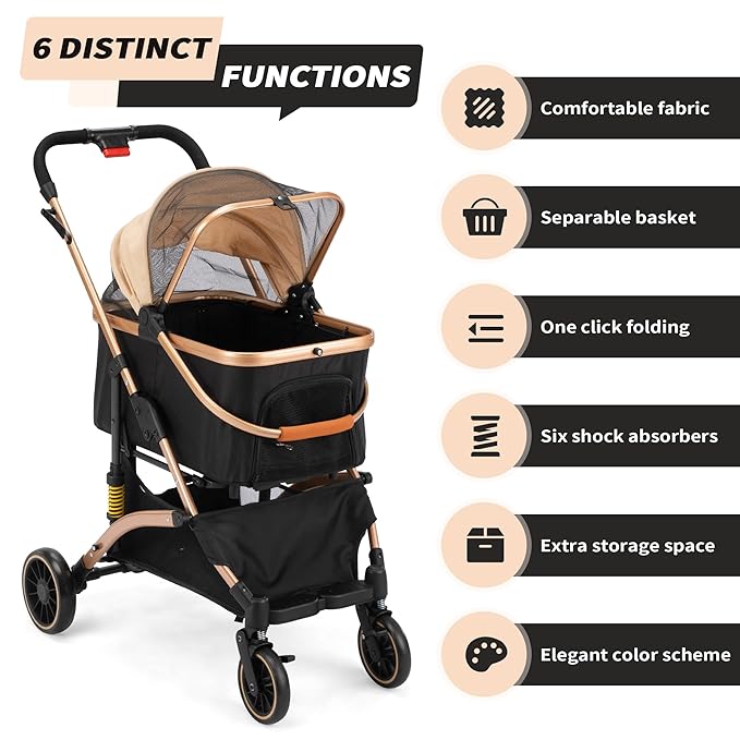 Coziwow Dog Stroller for Pets, One Hand Fold Puppy Stroller with 6 Shock Absorbers, Removable Cabin & Storage Basket, 4 Wheels Dual Brakes, Rose Gold + Black