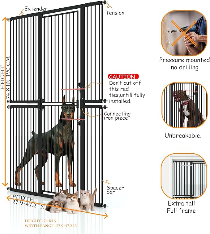 74.8" Extra Tall Cat Gate 27.9-47.2 Wide Pet gate for Doorway Pet Gate with Cat Doors NO Drilling Pressure Mount Kit for Cats and Dogs Indoor Doorways liveing Room Bedroom-Black