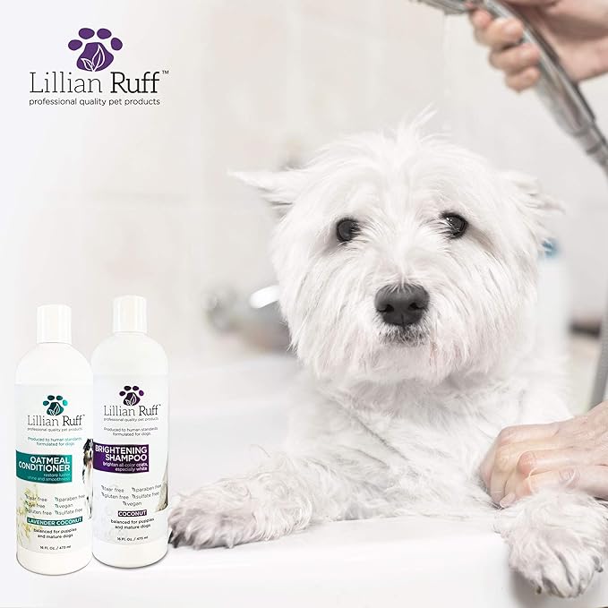 Lillian Ruff Brightening Shampoo & Oatmeal Conditioner Set for Dogs – Safe for Cats - Tear Free Coconut Scent with Aloe for Normal, Dry & Sensitive Skin