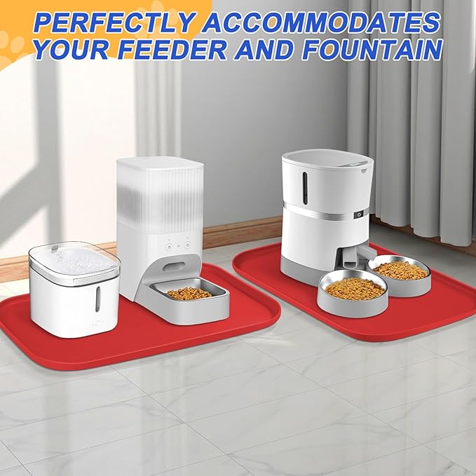 Silicone Pet Feeding Mat with Raised Edge for Food and Water, Dog Bowl Mats, Cat Bowls Placemat with High Lip for Floor Waterproof, Rubber Tray for Cats and Dogs 19 x 12 x0.7 Red