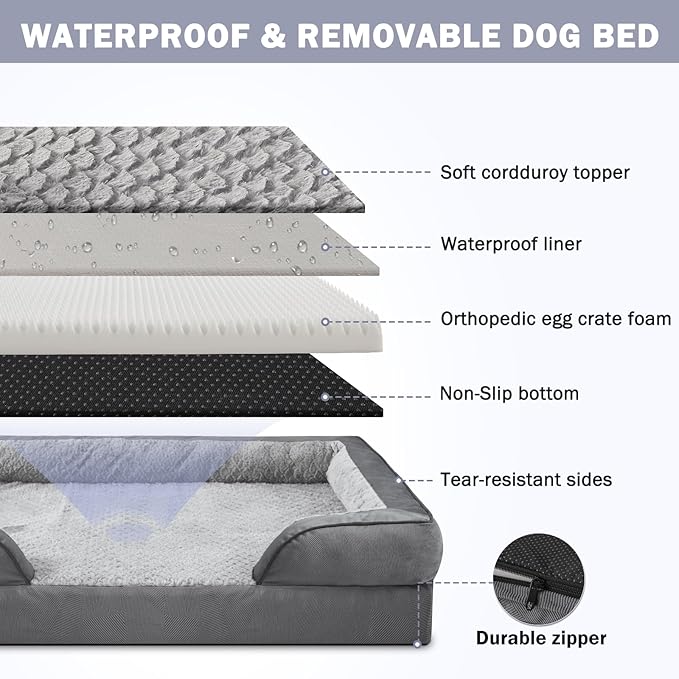 INVENHO Orthopedic Extra Large Dog Bed, XXL Waterproof Dog Sofa, Egg-Crate Foam Couch with Washable Removable Cover, Waterproof Lining and Nonskid Bottom