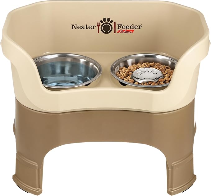 Neater Feeder Deluxe Mess Proof Dog Bowls Elevated for Large Breeds – Made in USA – No Spill Raised Slow Feeder Elevated Dog Bowl Stand w/Leg Extensions, Food and Water Bowl Set, Cappuccino