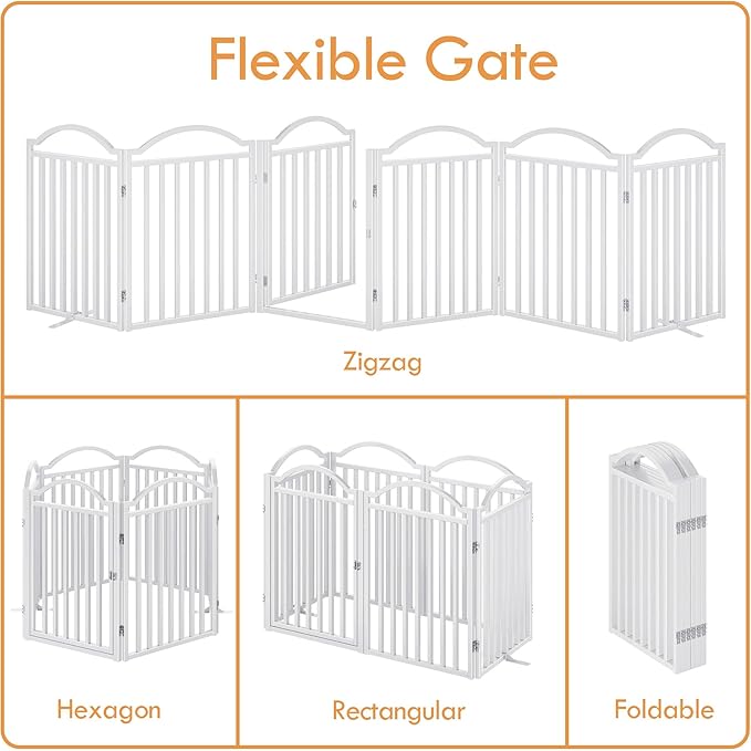 UDD Dog Gate Indoor 144" Extra Wide, 32" Tall Foldable Pet Gate with Door for Stairs Doorways Hallways Porch, Freestanding No Drilling Metal Pet Fence for Dogs Puppy, White 6-Panel
