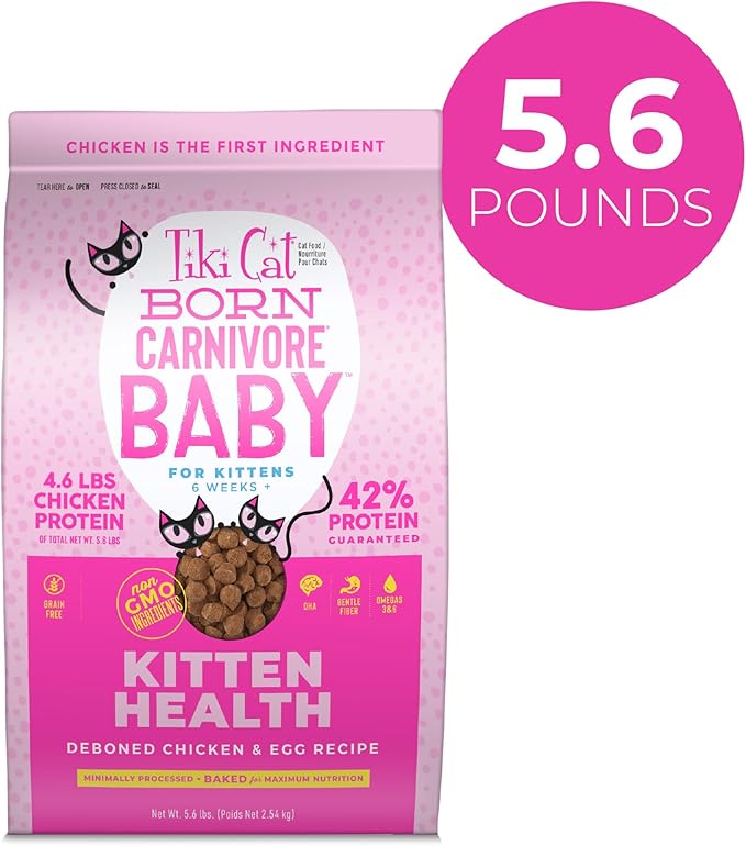 Tiki Cat Born Carnivore Baby, High-Protein and Grain-Free, Complete and Balanced Dry Cat Food for Kittens 6 Weeks+, 5.6 lbs. Bag