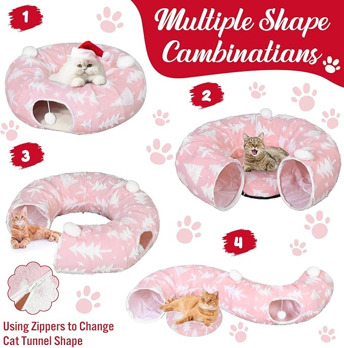 Christmas Cat Tunnel Bed with 8 Cat Toys Fluffy Plush Dog Tunnel Bed with Washable Cushion and Dangling Balls 3FT Multifunctional Playground for Small Medium Large Rabbit(Tree,Pink)