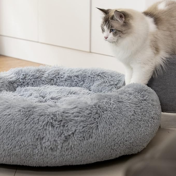 Anti Anxiety Round Fluffy Plush Faux Fur Warm Washable Dog Bed & Cat Bed, Original Bed for Small Medium Large Pets,Used to Relieve Joints and Improve Sleep（20"/24"/27''） (20", Light Grey)