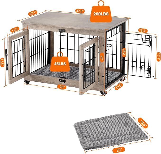 Dog Crate Furniture with Cushion, Wooden Dog Kennel with Double Doors, Heavy Duty Dog Cage End Table with Wheels, Dog House Indoor for Small Medium Dogs up to 45 lb, 32.5” L, Grey