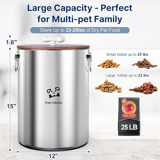 2PK 25 Lbs total 50 Lbs Stainless Steel Dog Food Storage Container with Airtight Wooden Lid & Ceramic Bone Handle, Large Metal Dog Food Bin for Dogs & Cats, Keep Fresh, Easy to Clean
