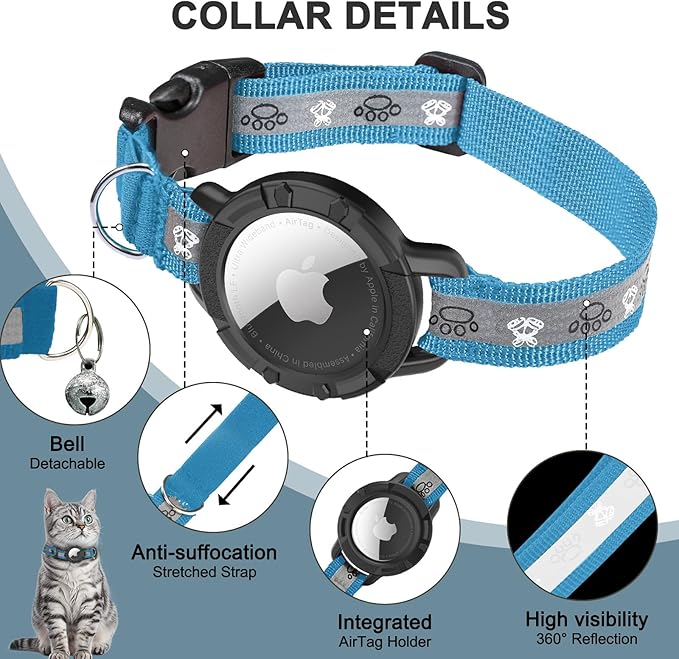 Reflective AirTag Cat Collar, Integrated Cat Tracker Collar with Air Tag Holder and Bell, Safety Elastic Band Cat GPS Collars for Girl Boy Cats, Kittens and Puppies (Blue, XS)