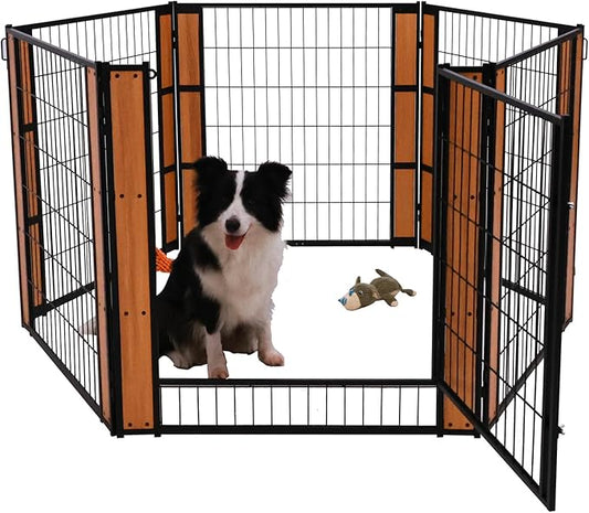 Heavy Duty Dog Playpen 32 Inch Height - Indoor Outdoor Pet Fence Enclosure for Medium and Small Dogs - Foldable Puppy Exercise Pen for Indoor and RV Camping or Yard (6 Panels, 32" H (Oak))