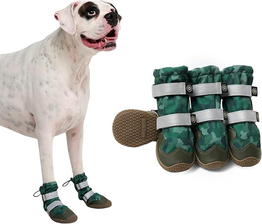 Spark Paws Dog Shoes, Waterproof Dog Boots for Medium to Large Dogs, Non Slip, Breathable Dog Booties and Paw Protectors - 4PCS Doggie Hiking Boots with Reflective Straps, Green Camo, Size 7
