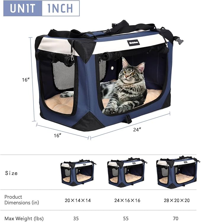 Large Cat Carrier, Collapsible Dog Travel Crate Portable Soft-Sided Pet Carrier with Super Soft Warm Plush Mat for Indoor and Outdoor 24x16x16in,Navy Blue