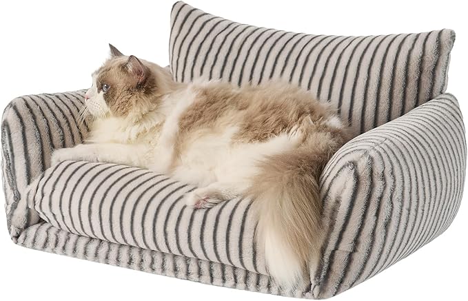 Hollypet Cat Bed Fluffy Plush Mutifuctional Double-Layer Soft Pet Couch Orthopedic Sofa Nest Beds for Small Cats and Dogs, Dark Gray Stripes (25x20x13 inch)