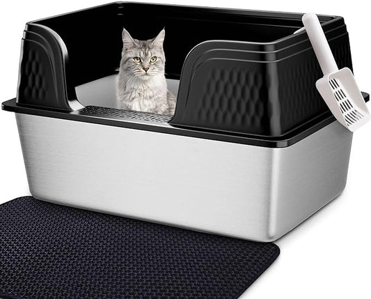 Vealind XXL Stainless Steel Cat Litter Box High Sided with Lid 23.7" L x 16" W x 14" H Side Entry Extra Large Metal Cat Litter Pan with Scoop and Mat for Big Cats Black