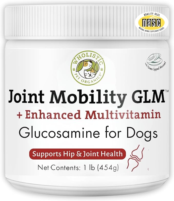 Wholistic Pet Organics Joint Mobility GLM - 1 Lb - Hip and Joint Supplement for Dogs - Glucosamine for Dogs - Chondroitin Supplement with Green Lipped Mussels - Senior to Puppy - Large & Small Breeds