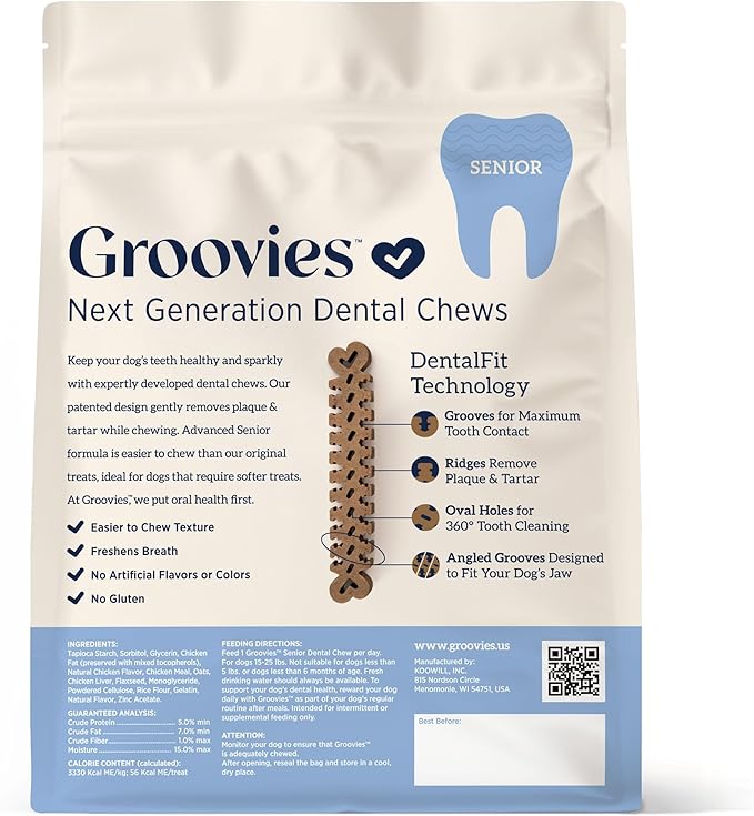 Groovies Slightly Softer, Yet Flexible Dental Chew for Senior Dogs & Delicate Chewers. Powered by USA-Patented DentalFit Tech. No Added Gluten, No Artificial Flavors or Colors. 12oz Medium (20Chews)