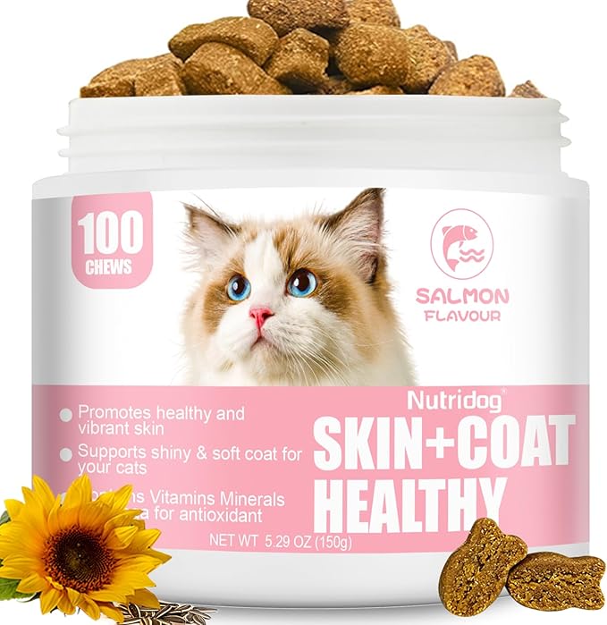 Skin & Coat Cat Chews - Omega 3, Vitamin E, Biotin Supplements for Healthy Skin, Glossy Coat & Anti - Shedding, Salmon Flavor 100ct Soft Chews (Salmon)