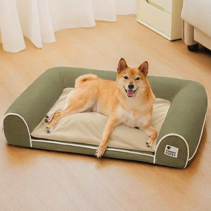 FUNNY FUZZY Orthopedic Dog Bed – Washable Dog Bed with Double Layer Plush Cushion Sofa Style Design with Bolstered Sides for Small Medium & Large Dogs Removable Cover XL Size (39.3"x26.7"x7.8") Green