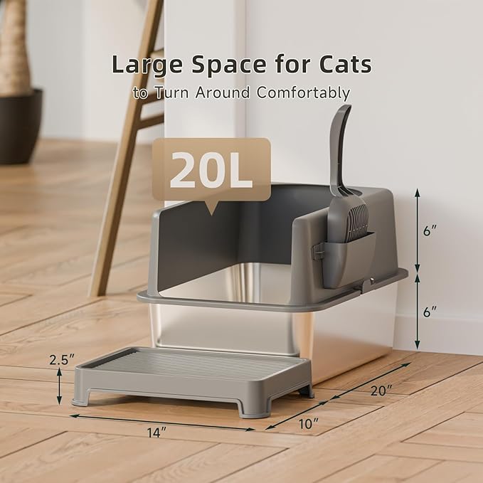 High-Sided Stainless Steel Cat Litter Box,Stainless Steel Litter Box with Lid,Medium Litter Box,Easy-to-Clean Metal Litter Pan for Cats (19‘’L X 14''W X 6''H with Scoop&mat), Sliver