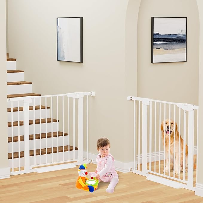 Cumbor 2 Pack 29.7-40.6"(Extensions Included) Baby Gate for Stairs, Mom's Choice Awards Winner-Auto Close Dog Gate for doorways, Pressure Mounted Pet Gate Indoor, Wide Safety Child Gate for Dog,White