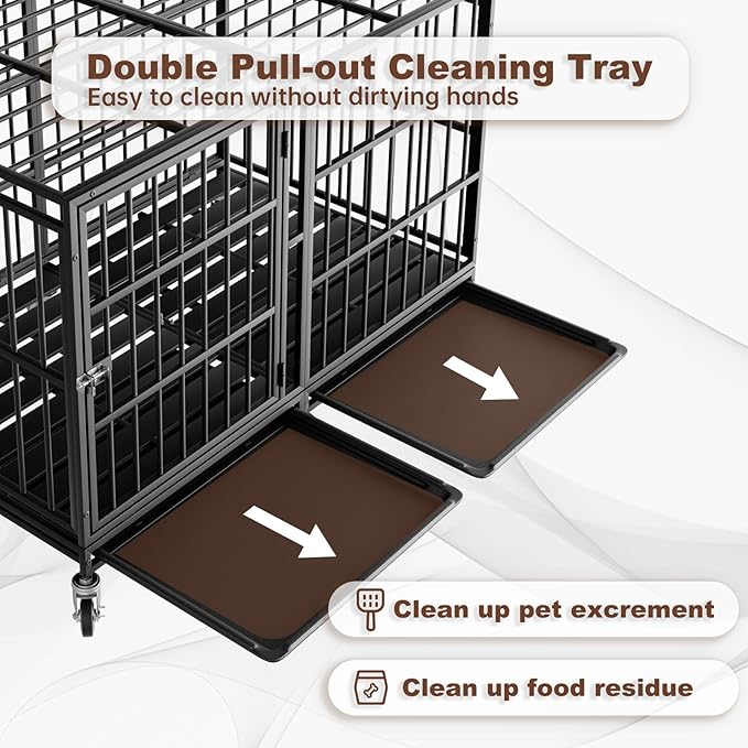 48 Inch Heavy Duty Dog Crate with Wheels，Indestructible Escape-Proof Dog Cage for Large Dogs, Extra Large XL XXL Indestructible Dog Crate with Removable Tray.