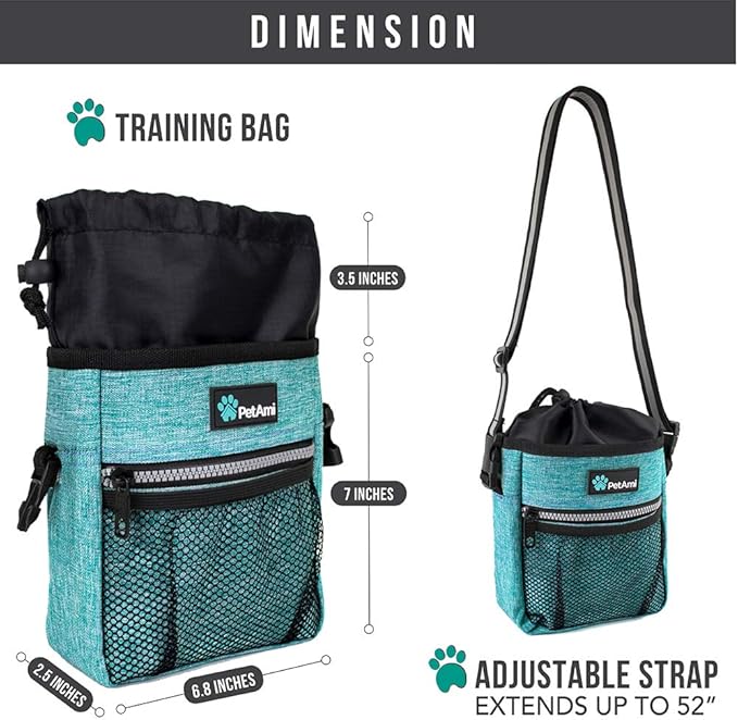 PetAmi Dog Treat Pouch | Dog Training Pouch Bag with Waist Shoulder Strap, Poop Bag Dispenser | Treat Training Bag for Treats, Kibbles, Pet Toys | 3 Ways to Wear (Turquoise) | No bowl included