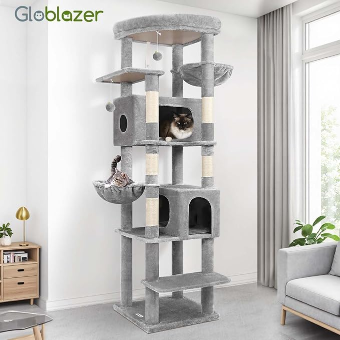 Globlazer Heavy Duty Cat Tree, 74in Sturdy Cat Tower for Large Cats Adult, Big Cat Tree with 5 Sisal Scratching Posts, 2 Padded Condos, 2 Dual-Ear Hanging Baskets, Enlarged Top Perch, S74, Light Grey